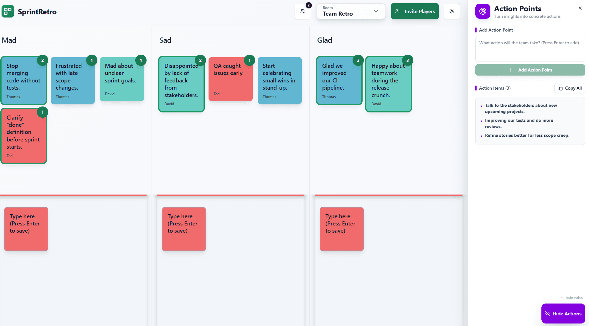 Creating action points for next sprint